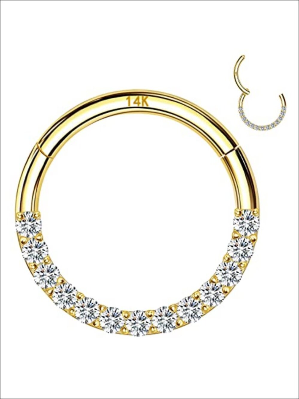 14k Solid Gold Nose Ring Hoop 16G Hinged Segment CZ Piercing Jewelry